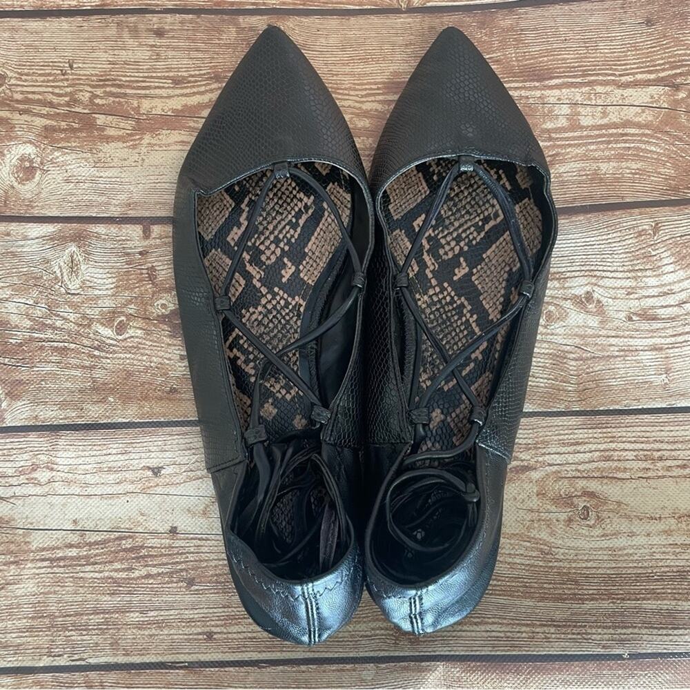 Zara black leather point toe ankle wrap ballet style embossed snake size 7.5 - Picture 12 of 16